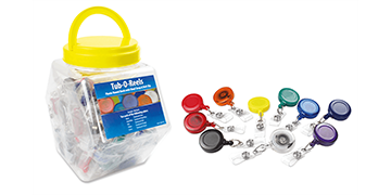 Pack of 100 Round Badge Reels of Different Colours, Tub-o-reels